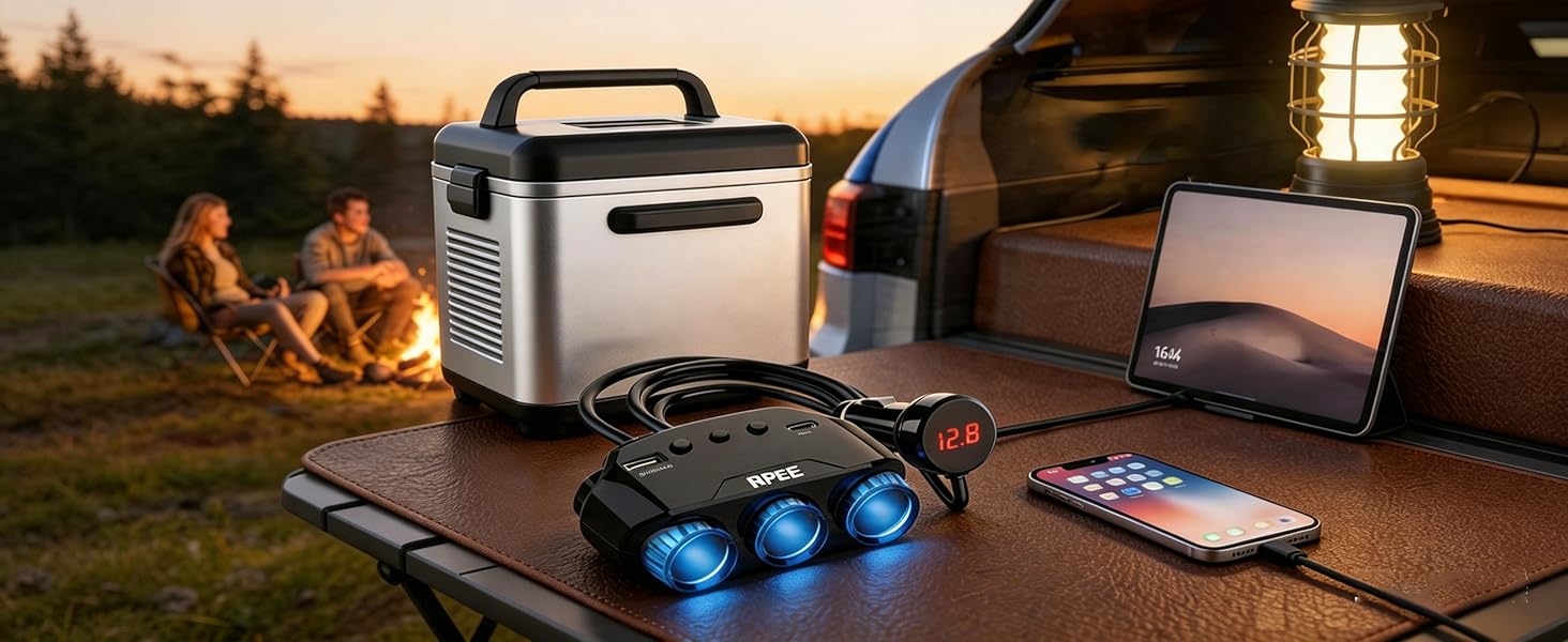 Our 3-socket car charger splitter is designed for overlanders, campers, and tailgaters.