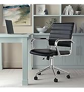 Martha Stewart Piper Swivel Task Chair with Armrests for Home Office in Black Faux Leather with P...