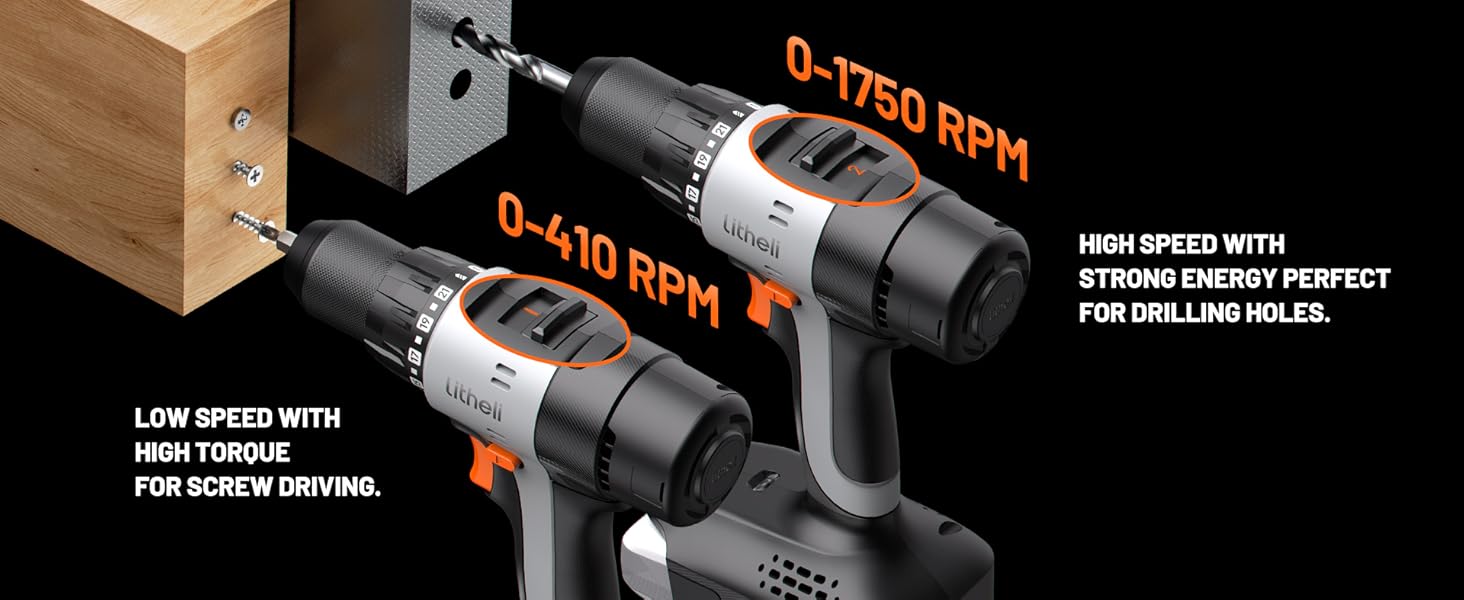 Two power drill motors showing speed specifications of 0-410 RPM and 0-1750 RPM, with technical details displayed alongside.