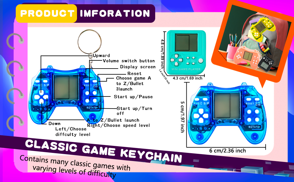 The size of square style video game keychain is about 4.3 x 4.8 x 1.4 cm/ 1.7 x 1.9 x 0.55 inch