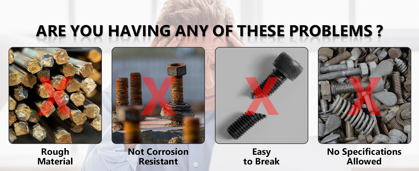 Problem-solving guide showing four images of material issues with red X marks, including rough material, corrosion, installation, and specification concerns.
