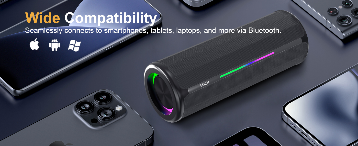 Text reads: 'Wide Compatibility' with symbols for wireless connectivity. Black portable speaker device with purple accent lighting ring displayed with smartphone and tablet, showing multiple device connection capability.