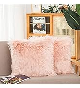 HYSEAS Set of 2 Decorative Faux Fur Throw Pillow Covers, Pale Pink Fluffy Soft Fuzzy Square Cushi...