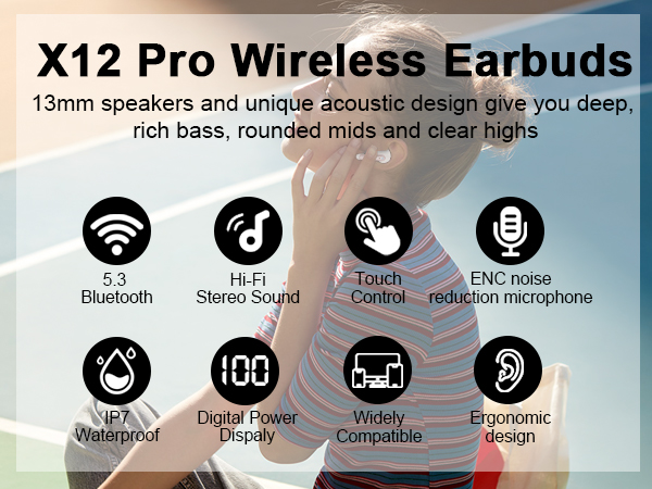 X12 Pro Wireless Earbuds featuring 13mm speakers, with icons showing Bluetooth 5.1, Hi-Fi stereo, touch controls, and noise reduction capabilities.