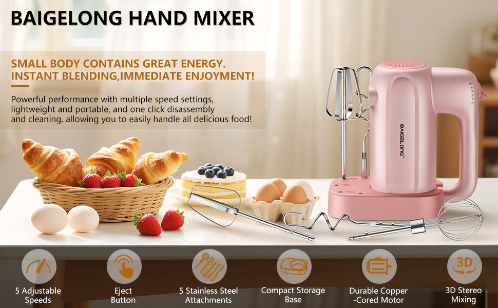 Text reads 'BAIGELONG HAND MIXER'. Product demonstration sequence showing hand mixer being used with different attachments for mixing and whipping ingredients.
