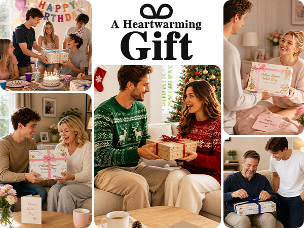 Text reads "A Heartwarming" and "Gift". Composite of six photographs showing families and children exchanging wrapped presents during holiday celebrations indoors.