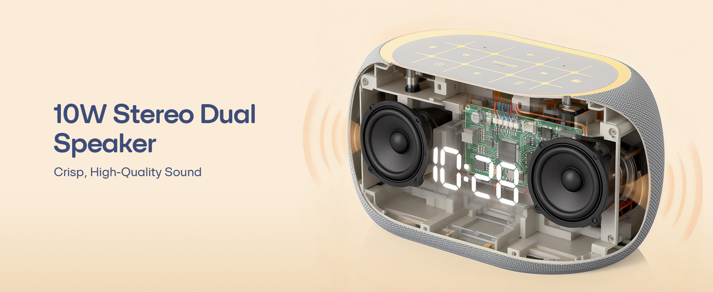 Alarm clock with 10W stereo dual speaker