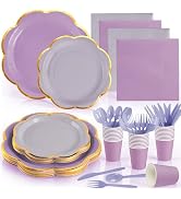 168Pcs Purple Paper Plates and Napkins Party Supplies,Purple Scalloped Party Plates with Gold Rim...