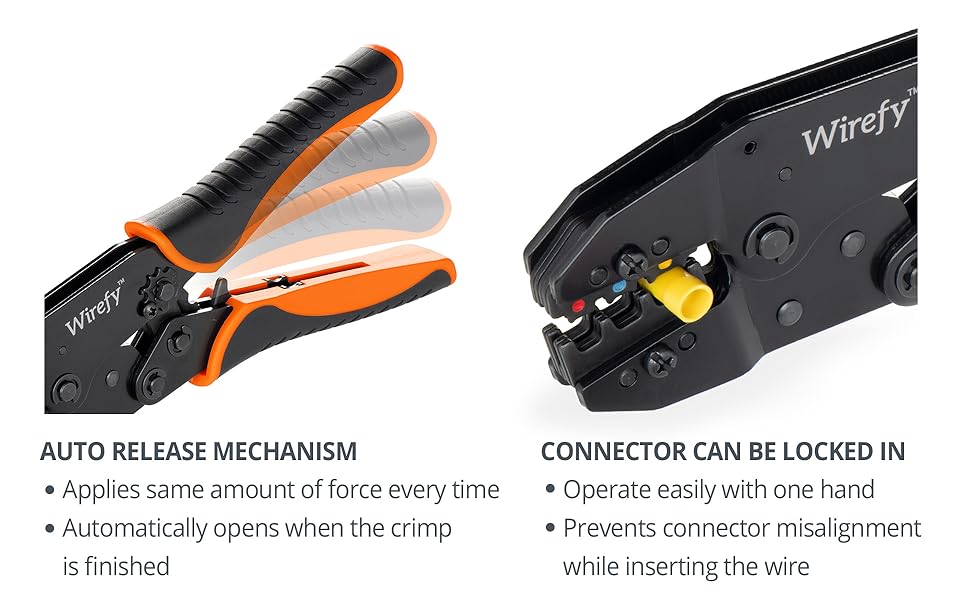 Wirefy crimping tool for nylon connectors auto release connector can be locked in
