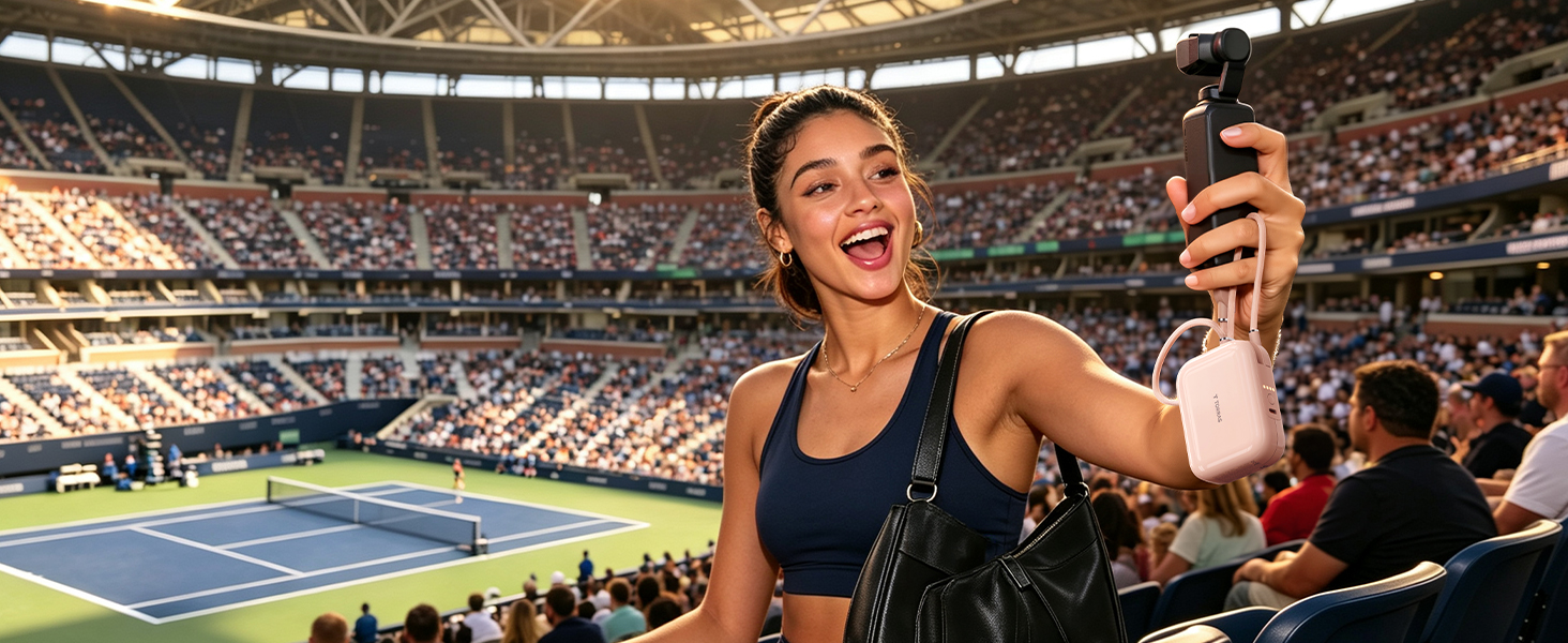 Mini battery pack with built-in dual cables powering camera phone during sports video recording