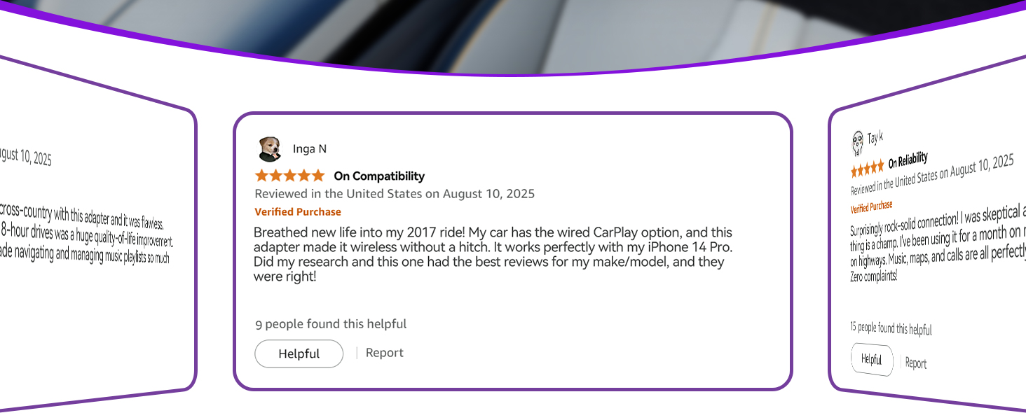 User feedback for wireless CarPlay adapter showing reliable connection and compatibility