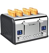 KitchMix Toaster 4 Slice, Bagel Stainless Toaster with LCD Timer, Extra Wide Slots, Dual Screen, ...