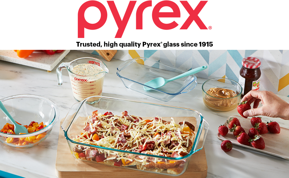 Pyrex glass food storage containers and measuring cup for baking, eating and serving