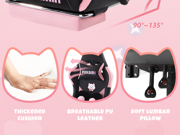 Gaming Chair with Cat Ears and Cat Paw Lumbar Cushion, Cute Ergonomic Gaming Computer Desk Chair