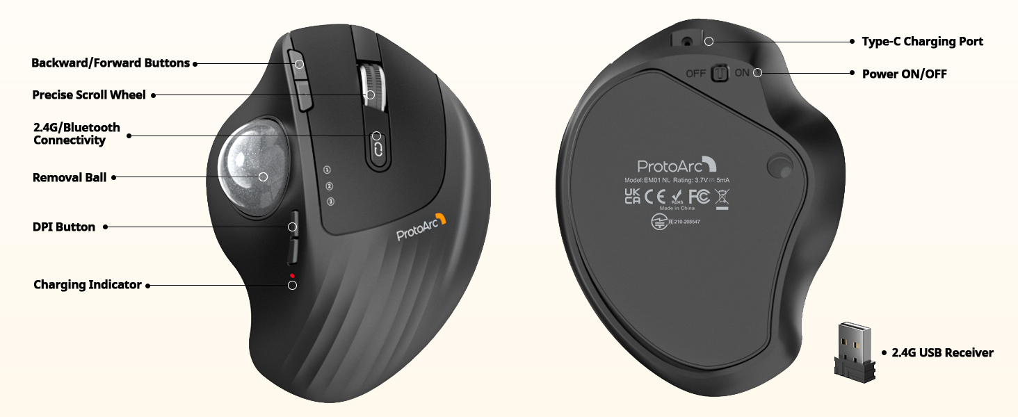 EM01 NL Ergonomic Trackball Mouse