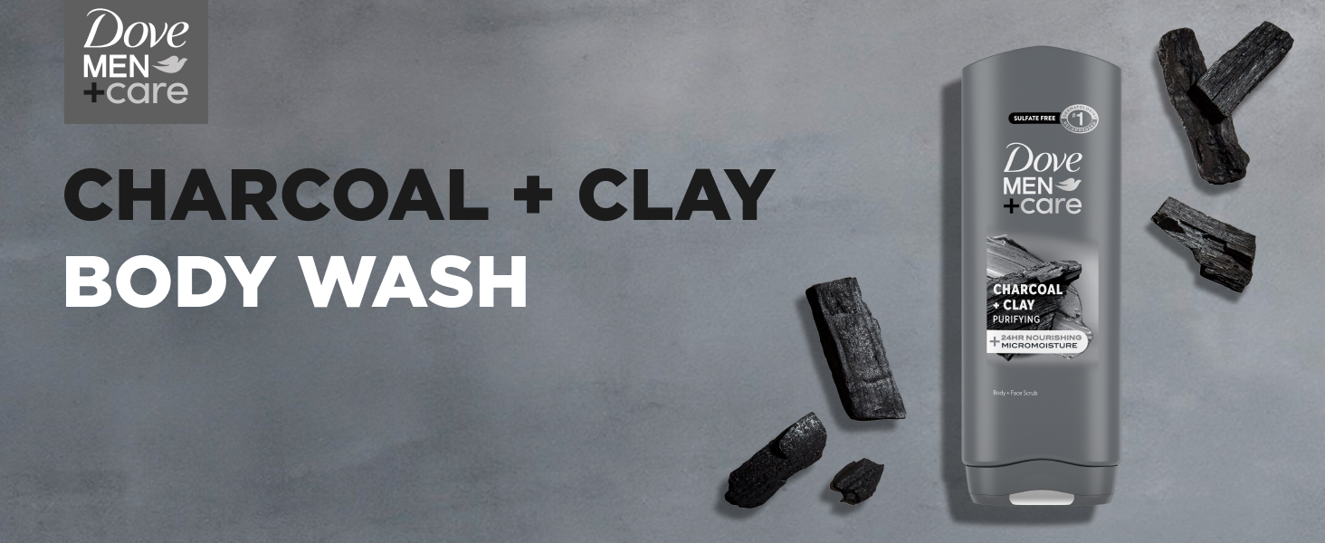 Image of Dove Men+Care CHARCOAL + CLAY BODY WASH next to actual ingredients.