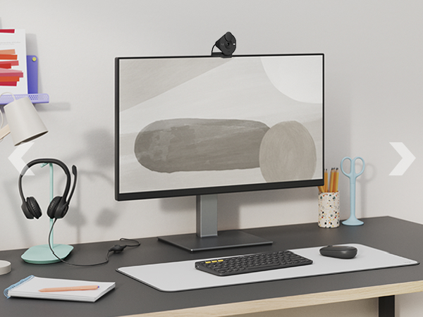 desk setup with brio 300 webcam, h390 usb headset, k390 wireless keyboard, m350 mouse graphite