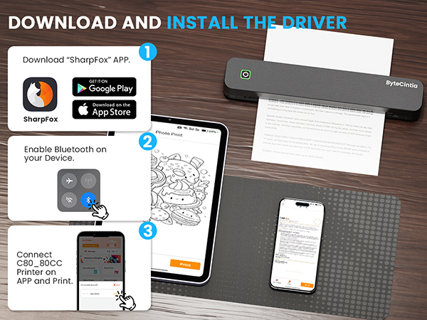 Mobile app interface screenshots showing download and installation steps, with app store buttons and setup instructions displayed on dark wooden surface.