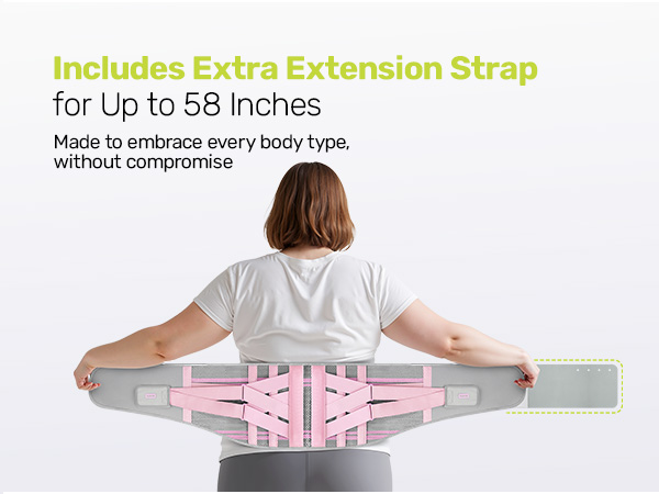 Text reads: 'Includes Extra Extension Strap for Up to 58 inches' and 'Made to embrace every body type without compromise.' Image shows grey strap device with pink central section.