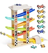 TOP Bright Wooden Race Track Car Ramp Toys for Toddlers 1-3 Years Old with 6 Mini Cars, 1 Car Gar...