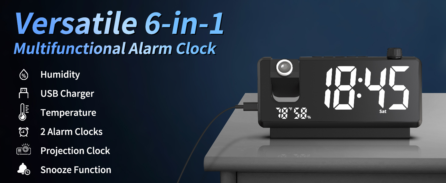 6-in-1 Alarm Clock w/ Projection, Temp/Humidity, Dual Alarms, Snooze &amp; USB
