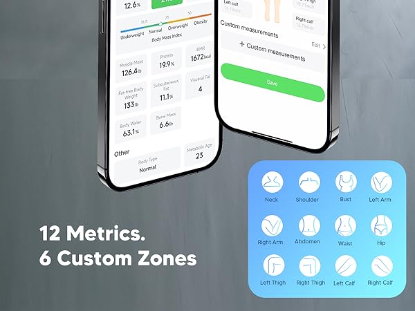 Scale with BMI, body fat, and muscle mass tracking, plus 14 vital metrics via app.
