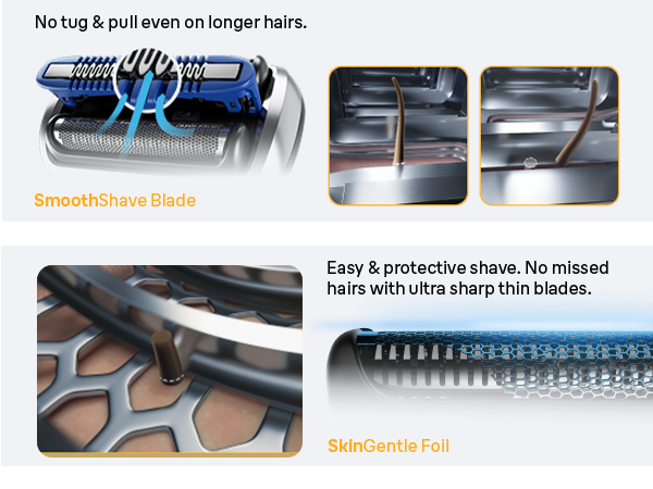 Braun shaver blades cutting short hairs. SkinGentle Foil benefits are shown.