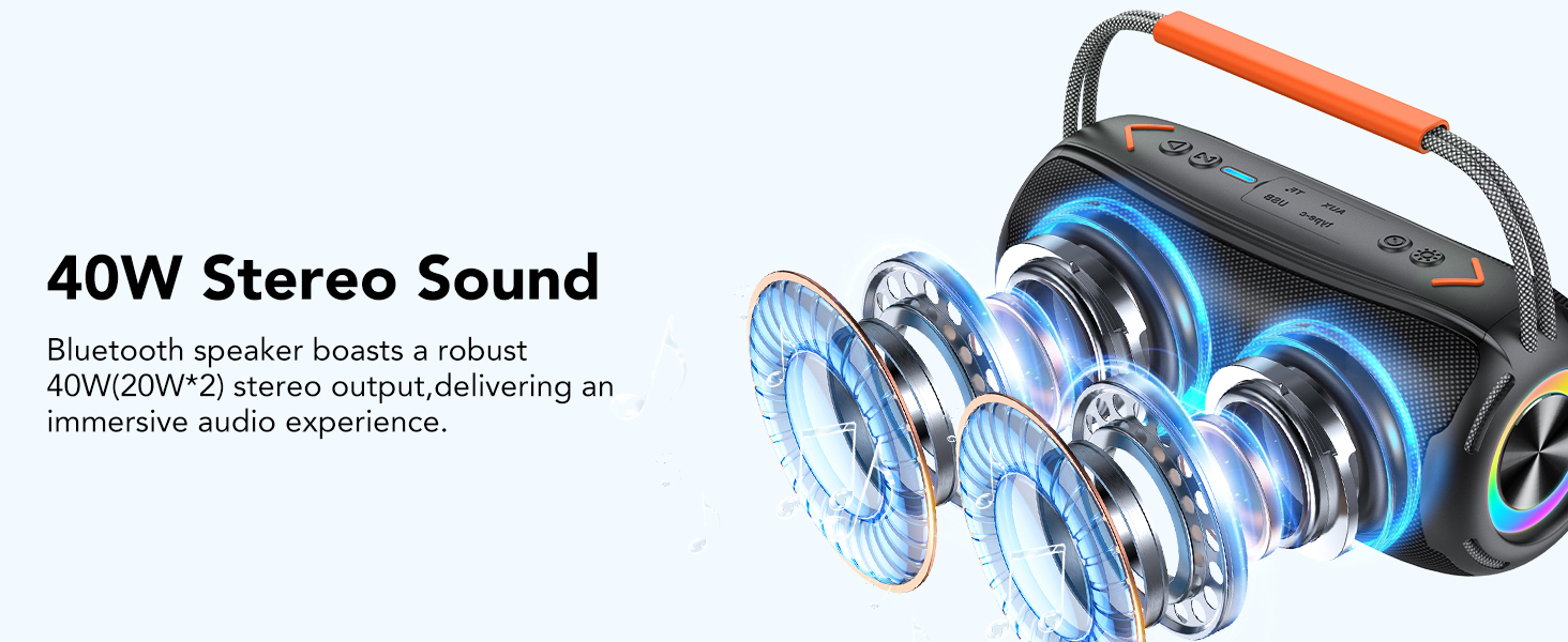 Text reads '40W Stereo Sound'. 3D rendering of headphones with visual sound wave effects and technical specifications.