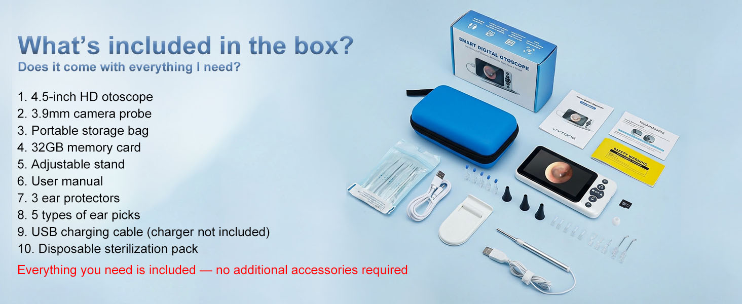Otoscope Kit: 32GB card, stand, storage bag, user manual, safety card, ear picks.