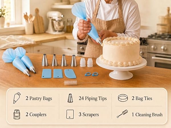 Byfryna piping bags and tips set with cake, couplers, scrapers and baking tools