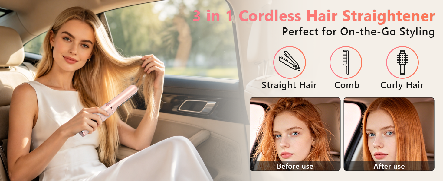 Cordless Hair Straightener Brush, Portable 4500mAh Rechargeable Straightening Comb, MCH Fast Heat