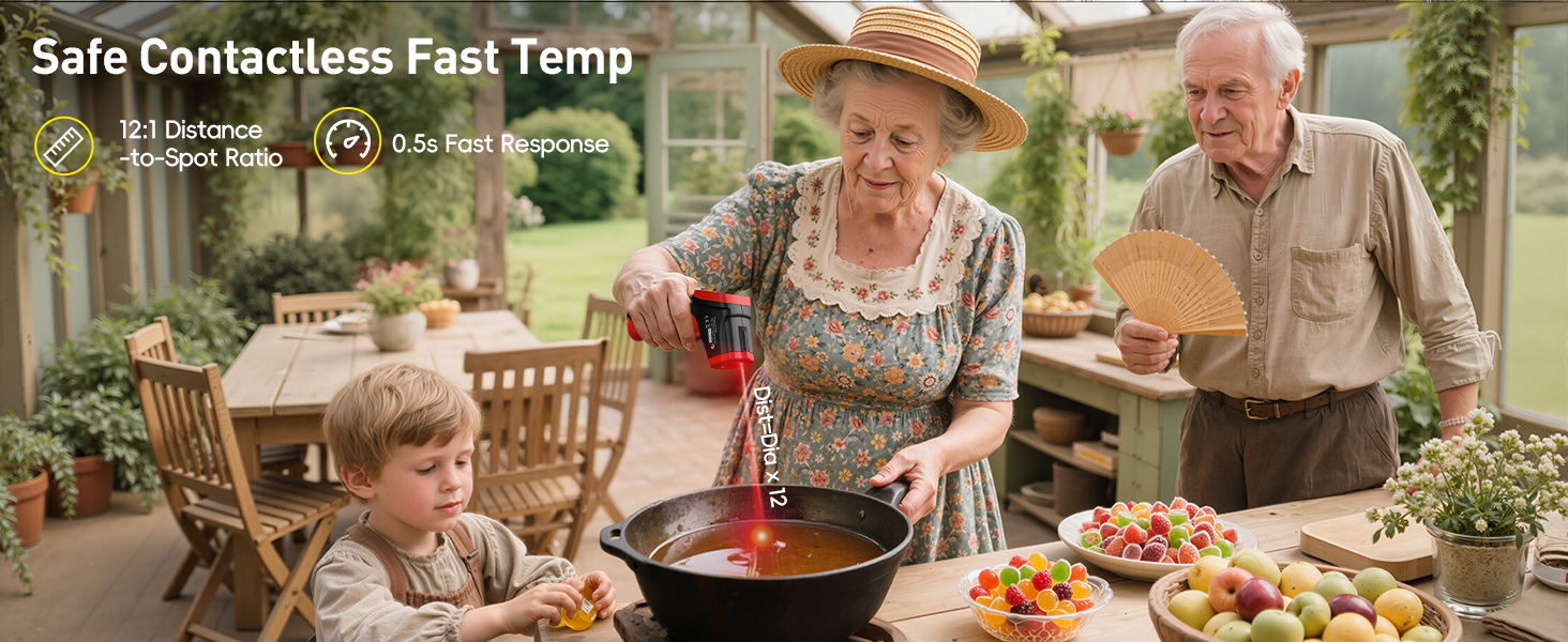 Text reads: 'Safe Contactless Fan Temp'. Outdoor gathering scene at a table with food and beverages in a garden setting.