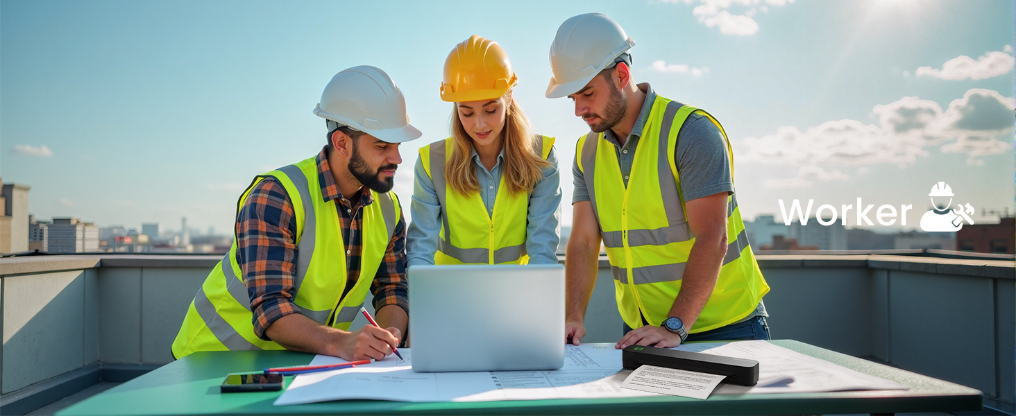 Construction or engineering professionals in yellow safety vests and hard hats reviewing documents on a rooftop or outdoor setting.