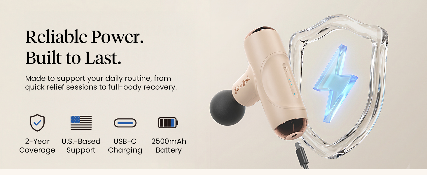 Creamy beige mini massage gun appears with icons for USB-C charging, battery, and support.