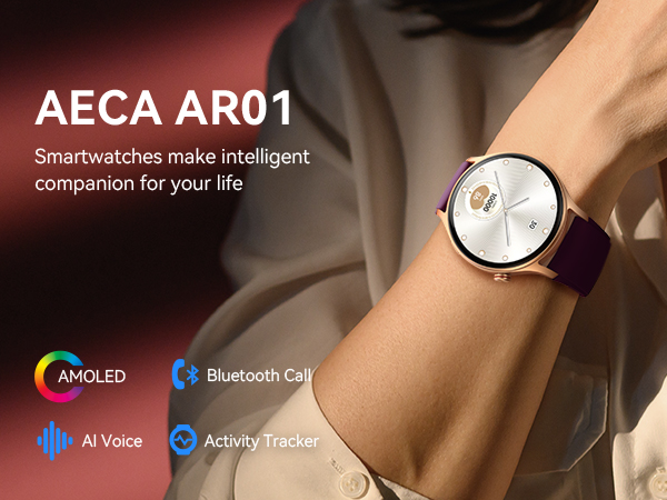 Text reads 'AECA AR01', 'Smartwatches make intelligent companion for your life'. Shows smartwatch features including AMOLED display, Bluetooth Call, AI Voice, and Activity Tracker icons.