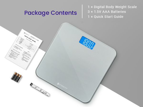 Package Content: 1*Digital Body Weight Scale, 3*AAA batteries, 1*QSG