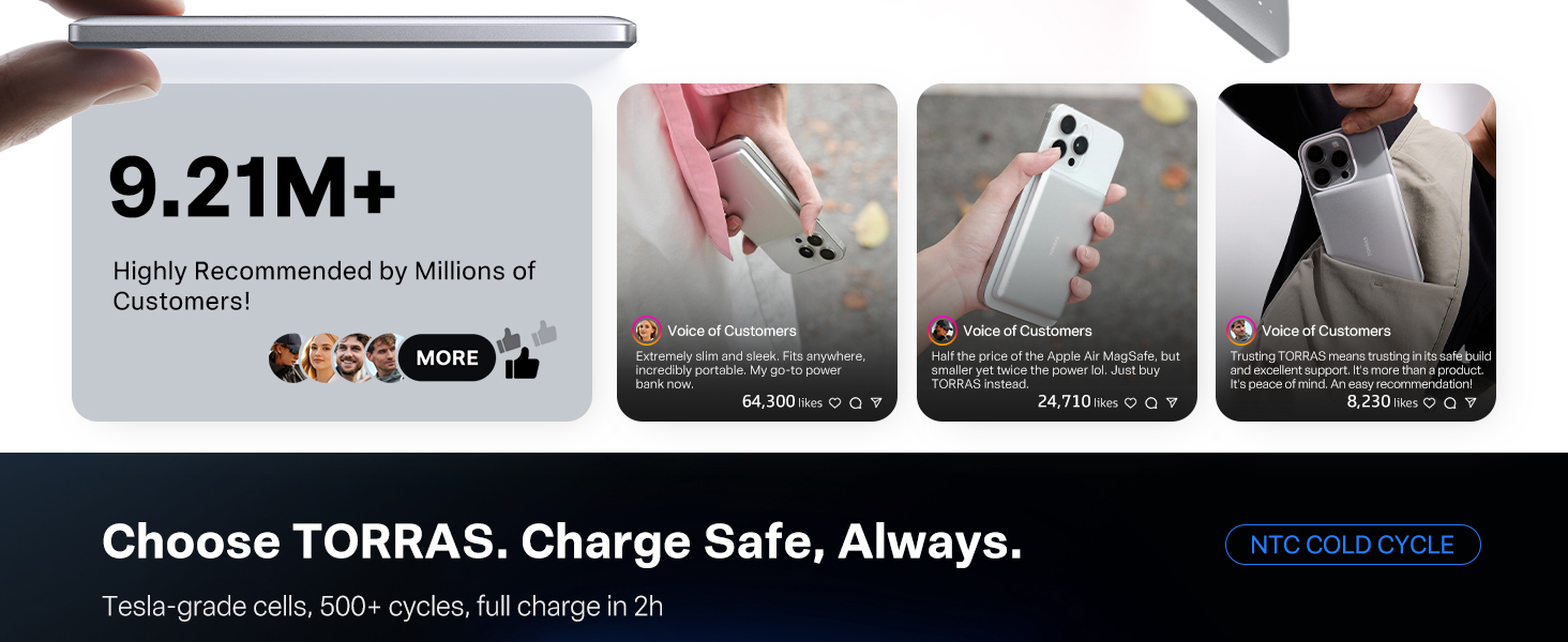 Choose TORRAS. Charge Safe, Always. Tesla-grade cells, 500+ cycles, full charge in 2h