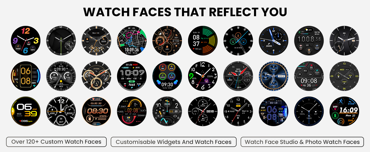 Text reads 'WATCH FACES THAT REFLECT YOU', 'Over 100+ Custom Watch faces', 'Customize designs And match inputs'. Display of multiple circular watch face designs in grid layout.