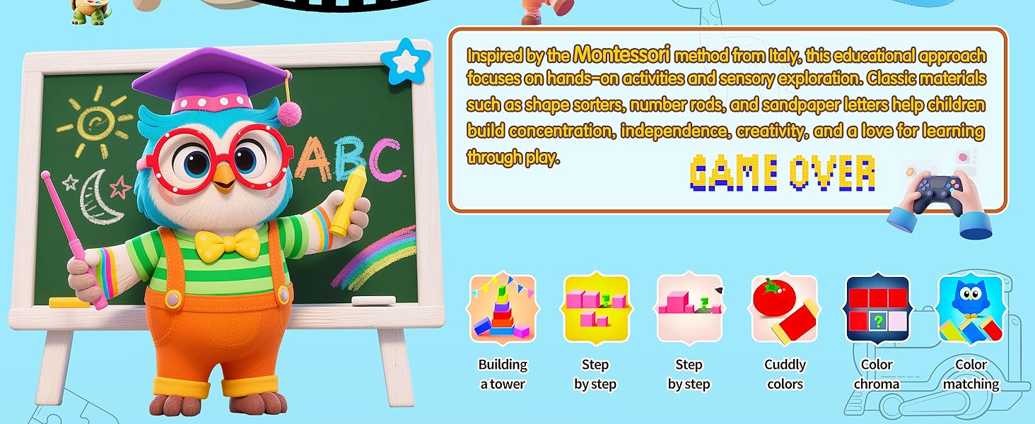 Montessori ducational approach focuses on hands-on activities and sensory exploration.