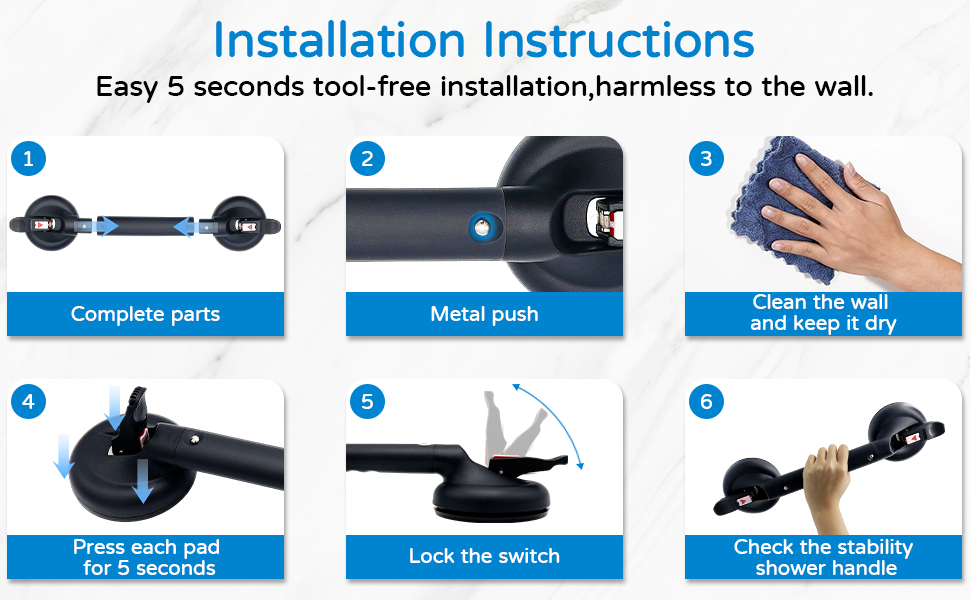 Installation instructions for a shower handle in 6 steps: complete parts, metal push, clean wall, press pads, lock switch, and check stability. Described as easy 5-second tool-free installation.