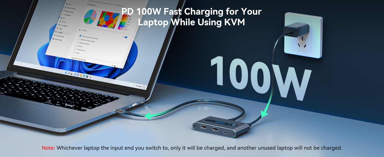 Laptop charging setup showcasing 100W fast charging capability. Shows a power adapter plugged into a wall outlet connected to a laptop.