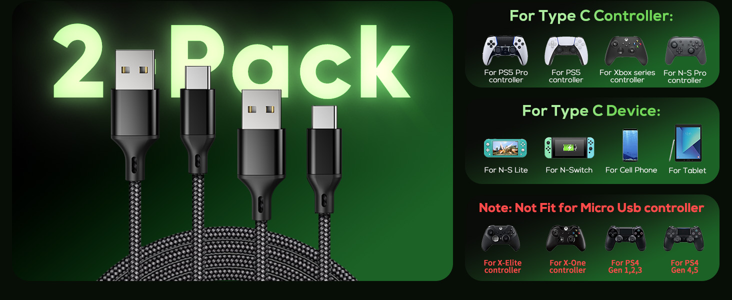  Pack 10FT Replacement USB C Cord Nylon Braided Type-C Ports Accessories Kit,Black