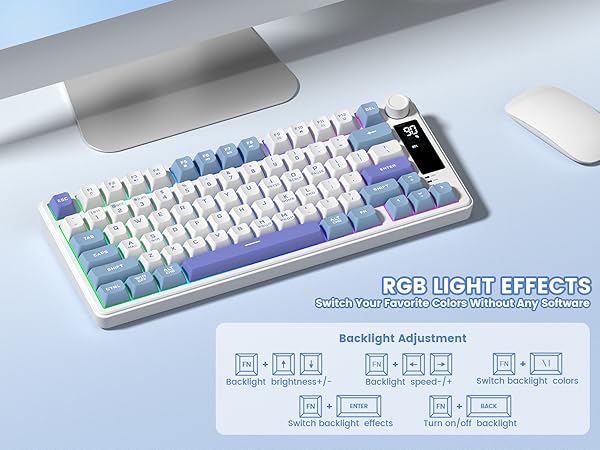 mechanical keyboard featuring RGB backlighting effects, with instructions how to adjust backlight