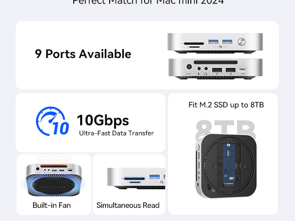 Multi-port computer adapter with 9 ports, 10Gbps data transfer, M.2 SSD support up to 8TB, built-in fan, and simultaneous read capability. Compact silver device with multiple connection options.