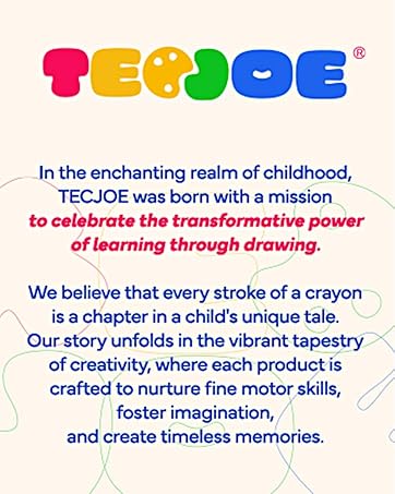 Colorful logo 'TECJOE' with text describing a brand focused on children's learning through drawing, emphasizing creativity and motor skill development.