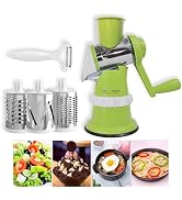 Rotary Drum Hand Crank Grater - Manual Cheese and Vegetable Shredder with Stainless Steel Drums, ...