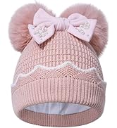 HOKEMP Winter Hat for Girls Kids, Girls Beanie Cap Pearl Bow Double Pom Pom Warm Fleece Lined, To...