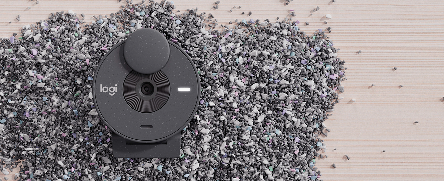 brio 301 full hd webcam black recycled plastic pieces on background