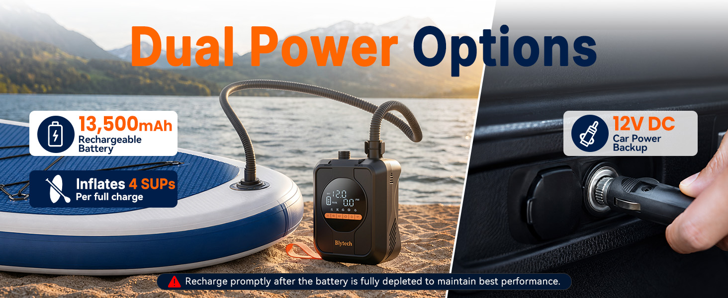 Text reads 'Dual Power Options'. Split-screen showing portable power device used outdoors with boat and vehicle, demonstrating dual charging capabilities.