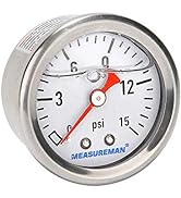 MEASUREMAN 1-1/2" Dial Size, Glycerin Filled Fuel Pressure Gauge, 304 Stainless Steel case, 0-15P...